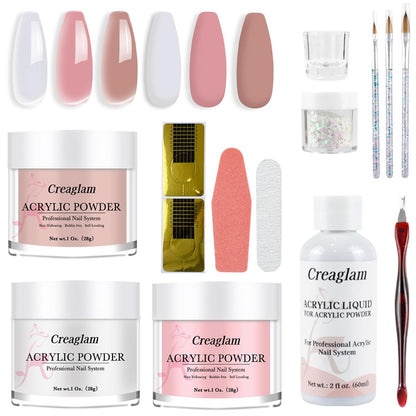 Acrylic Powder Nail Kit: 3 Colors 1Oz Pink Clear Acrylic Powder Set - 28g Large Capacity Dark Pink Nails Gel Glue Polish with 60ml Liquid for Beginners Home DIY with Brush Forms and Tools