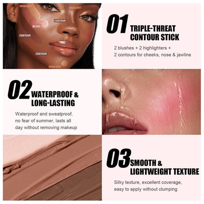 6 Colors Cream Contour Stick Makeup Kit, Shades with Blush, Highlighter and Bronzer, Double Ended Contour Stick for Cheeks, Waterproof and Long Lasting, Matte and Dewy Finish (Set A)