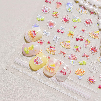 5D Embossed Shortcake Nail Stickers for Nail Art Pink Bow Heart Nail Decals Summer Cute Stickers for Nails Designs Self Adhesive Nail Supplies & Decorations for Women Girls 1 Sheet