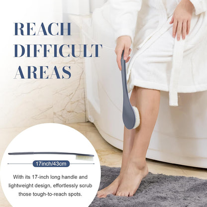 Back Scrubber for Shower, Shower Body Brush for Cleaning with Long Handle for Showering, 17 Inch Back Washer Exfoliator for Shower Men Women with Non-Slip Handle, Adhesive Hook (Gray)