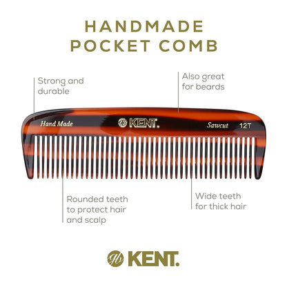 Kent 12T Wide Tooth Detangling Comb - 5.5" Handmade Pocket Comb for Thick, Curly, and Wavy Hair, Large Tooth Grooming for Hair, Beard, and Mustache - Saw-Cut and Hand Polished