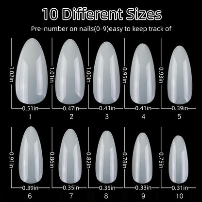1000PCS Short Almond Nail Tips - Acrylic Nails Tips, ToouYoun 10 Sizes Soft Gel Full Cover Nail Tips with Box for Nail Art Salons and Home DIY