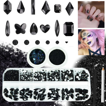 3 Boxes Black Nail Rhinestones with Fine Glitters Kit, 60Pcs Big Assorted Black Nail Gems with S6-S16 Flatback Round Stones,Crystals Nail Gem Stones for DIY Faces Body Crafts