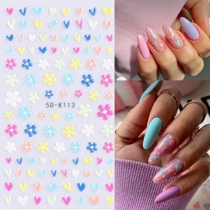 6 Sheets Flower Nail Art Stickers Decals 5D Embossed Nail Decals Spring Summer Self-Adhesive Nails Accessories 3D Flowers Decal for Women Nails Design Decoration