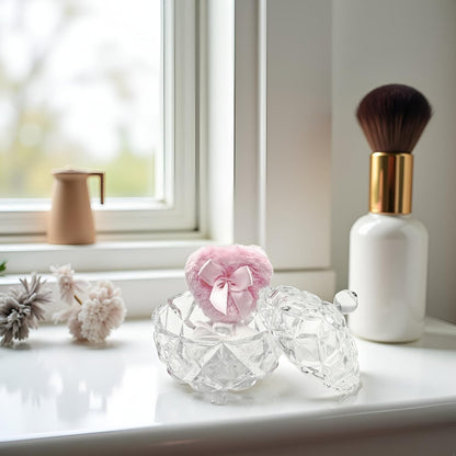 Body Powder Puff and Container - Glass Dusting Powder Container with 2 Soft Puffs Vintage Powder Puff Case for Women & Girls (3.94x3.94x4.53 H IN) - GRB012-Transparent