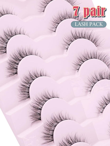 Natural Lashes Wispy Cat Eye Lashes 12mm False Eyelashes Natural Look Strip Lashes Thin Cotton Band Soft Eyelashes 3D Volume Lashes Pack C Curl Siligli Eyelashes 7 Pair
