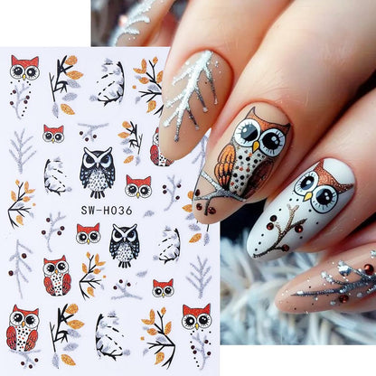 4pcs Christmas Nails Stickers Silver Glitter Leaves Line Owl Nail Art Design 3D Self-Adhesive Nail Decals Xmas Nail Sticker DIY Autumn Winter Manicure Art Supplies Decoration Accessories