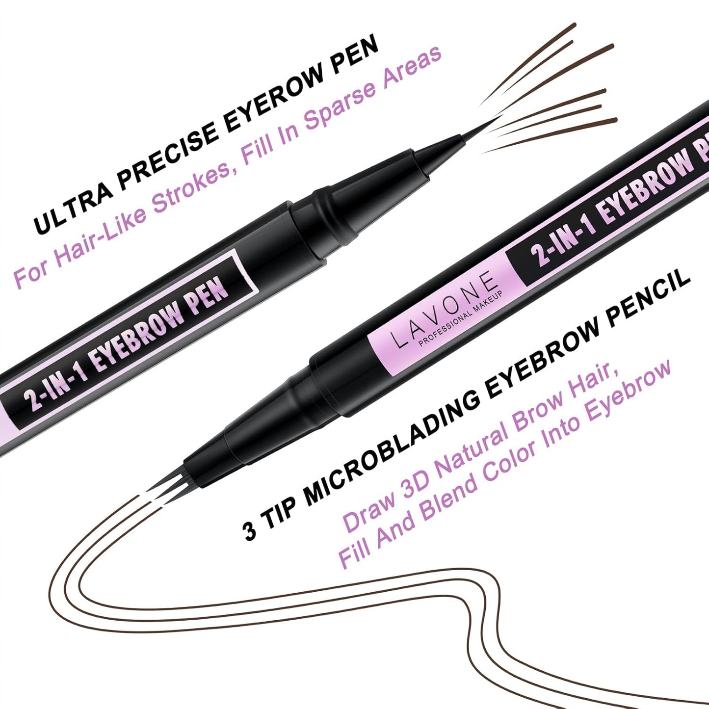 LAVONE Eyebrow Pencil, 2-In-1 Waterproof Eyebrow Pen, with 3 Tip Microblading Eyebrow Pen and Ultra-Precise Brow Pencil, Dual-ended Eyebrow Brush, for Eyebrow Makeup - Dark Brown