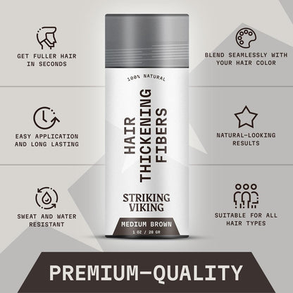 Striking Viking Hair Fibers for Thinning Hair - 28 g, Medium Brown - Bald Spot Cover Up & Sweat-Proof Thickening Powder