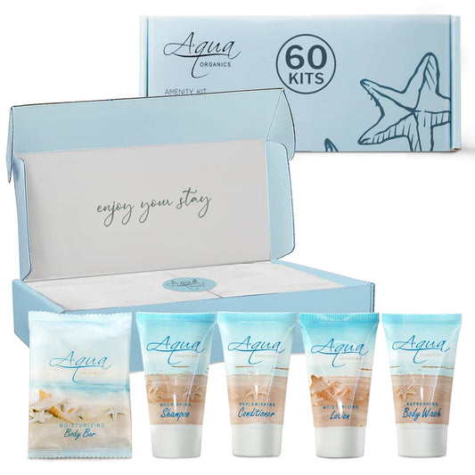 Aqua Organics Amenity Kit|Boxed Hotel Toiletries|Bulk Set 1 oz Travel Size Shampoo, Conditioner, Lotion, Body Wash & Bar Soap for Guest Hospitality AirBnB/Vacation Rentals|300 Pieces