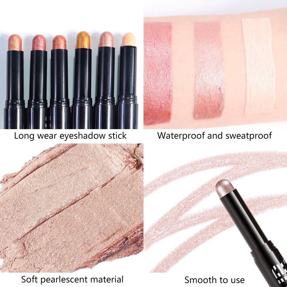 Pale Rose Gold Shimmer Cream Eye Shadow Stick Makeup for Women, Pale Rose Gold Shimmer Matte Eye Shadow Brightener Stick for Eyes Waterproof Eyeshadow Pencil Applicator Blendable for Eye Highlight 02