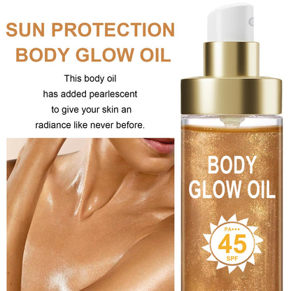 Body Glow Oil, Sunscreen Shimmer Oil, SPF 45 Broad Spectrum, Body Oil with with Coconut Oils, Moisturizing Glow for Face & Body, Liquid Illuminator Highlighter, Water Resistant, 3.72 fl oz (#3 AMBER)