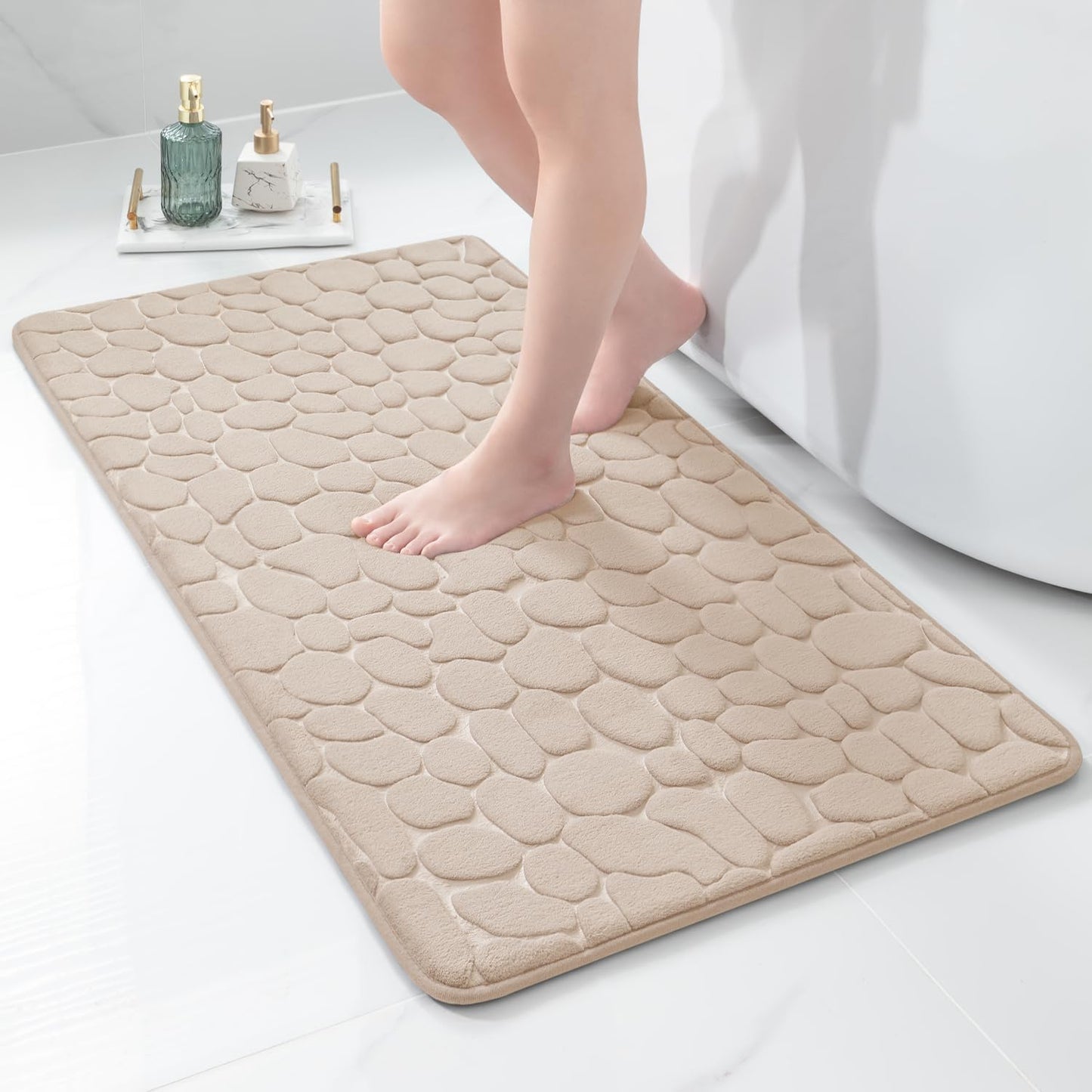 YIHOUSE Memory Foam Runner Rug, Cobblestone Bathroom Runner Rugs Super Water Absorbent Bath Mats for Bathroom Machine Washable Bath Rugs Runner for Hallway Bedroom Laundry Room(24 x47,Khaki)