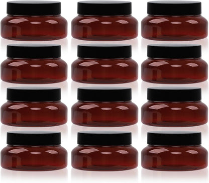 Amber Plastic Jars with Lids, 12 Pack Brown Body Scrub Jars Empty Refillable Containers Round Low Profile Samples Jars for Lotion, Body Butter, Sugar Scrub, Cream (5.3 OZ)