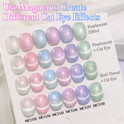 Double Rhythm Cat Eye Gel Polish Set 6 Colors Shimmer Glitter with Magnet Holographic Reflective Magnetic UV Nail Art Kit (Pearl Pink Blue Green Purple 6-Kit 44)