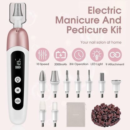 Cordless Electric Nail File Set, Professional Manicure Pedicure Kit with Memory Modes, 10 Speed Portable Nail Drill Machine, Pedicure Tools for feet, Hand Foot Care Tool for Thick Nail Toenail Cuticle