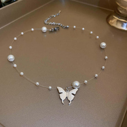 Boho Butterfly Pendant Necklace Choker Vintage Pearl Butterfly Necklace Invisible Line Chain Pearl Necklace Statement Bridal Pearl Satellite Chain Necklace Jewelry for Women