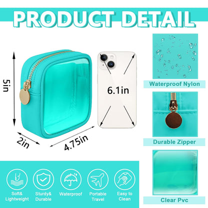 Clear Mini Makeup Bag for Purse, Small Nylon&PVC Cosmetic Travel Bag TSA Approved Toiletry Bag with Zipper, Preppy Transparent Makeup Travel Bag Coin Purse for Women Men Girls(Mini-Mint Green)