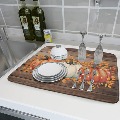 Autumn Pumpkin Dish Drying Mat Rustic Wood Dish Drainer Mats Fast Dry Microfiber Reversible Dish Drying Pad Kitchen Decoration 18x24 inch