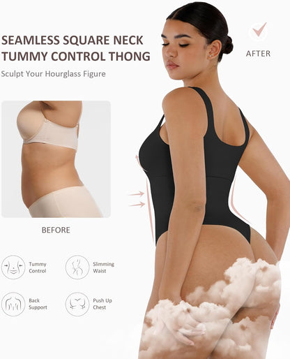 FeelinGirl Bodysuits for Women Seamless Square Neck Tummy Control Compression Thong Shapewear Bodysuit Tank Tops Bodysuit