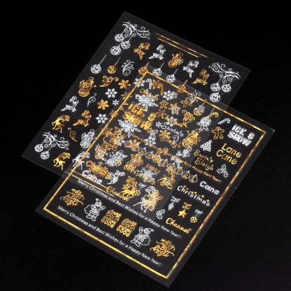 9 Sheets Christmas Nail Art Stickers Decals Self-Adhesive Pegatinas Uñas Gold White Nail Supplies Nail Art Design Decoration Accessories