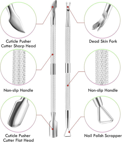 2PCS Cuticle Pusher and Cutter Remover, Xunxmas Salon Nail Scraper for Gel Polish, Stainless Steel Manicure and Pedicure Cleaner Tool for Fingernail and Toenail (Silver)