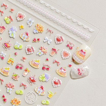 5D Embossed Shortcake Nail Stickers for Nail Art Pink Bow Heart Nail Decals Summer Cute Stickers for Nails Designs Self Adhesive Nail Supplies & Decorations for Women Girls 1 Sheet