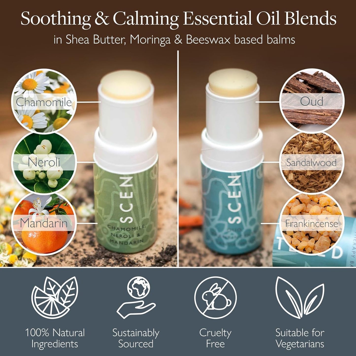 Scentered Aromatherapy Balm Stick Duo for Stress-Relief & Meditation - Roll On Essential Oil Blends of Frankincense, Oud, Chamomile - Aromatherapy Gifts for Women - De-Stress & Escape