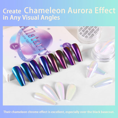 Allstarry White Chrome Nail Powder, 4 PCS Color-Shift Chameleon Mica Powder Pearlescent Pearl Pigment Aurora Chrome Effect Glitter Dust Iridescent for Gel Polish Nail Art Decoration, Resin Craft