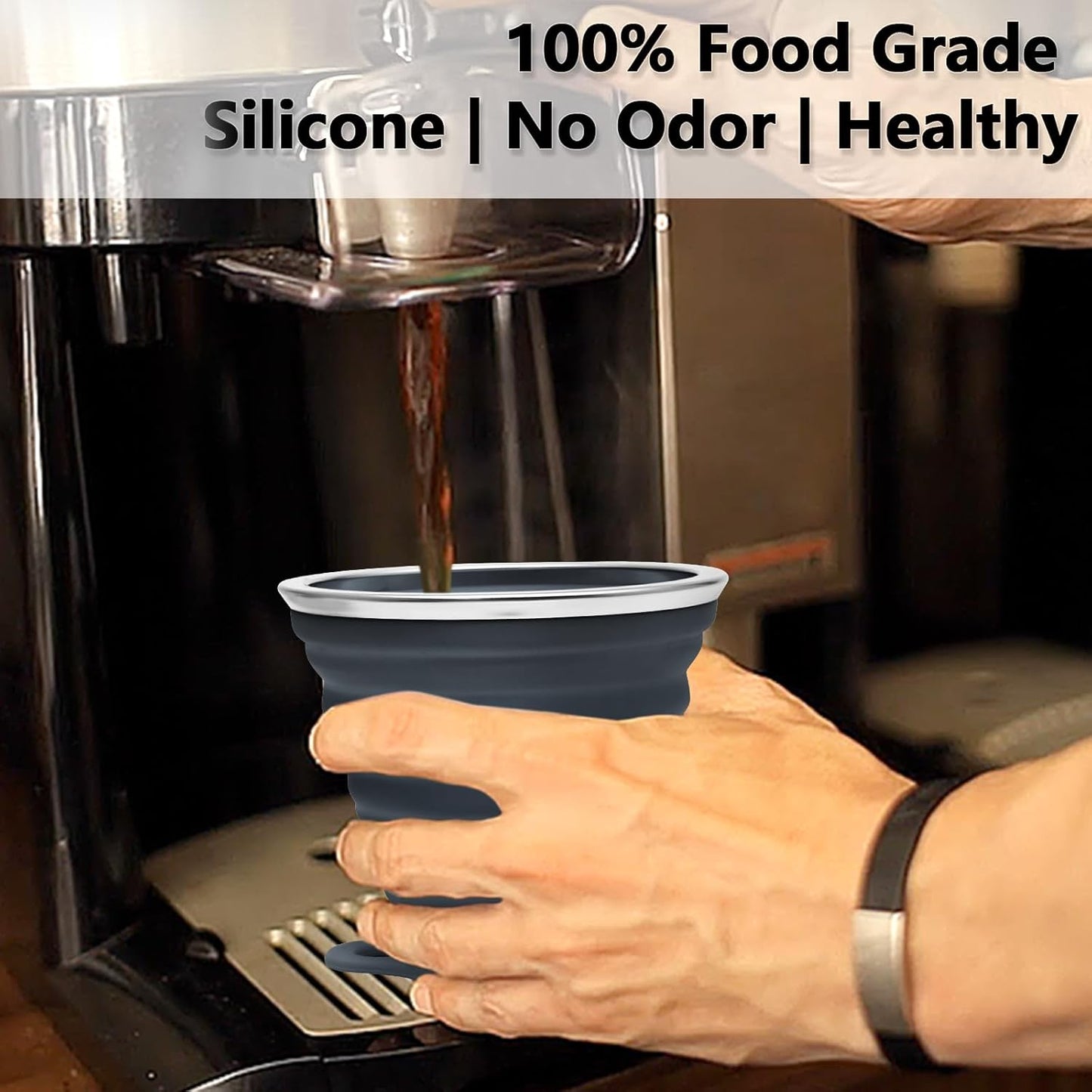 Litoexpe 4 Pack Silicone Collapsible Travel Cup Portable Folding Camping Cup Sets with Lids, Dark Gray & Pink & Navy Blue &Teal, Capacity 9.22oz (270ml)