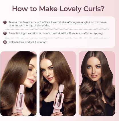 Automatic Curling Iron 1 1/4 Inch, Rotating Ionic Hair Curler Wand with 3 Temperatures, Anti-Scald, Auto Shut-Off Spin Iron for Hair Styling, Pink