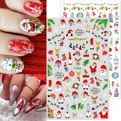 10 Sheets Christmas Nail Stickers 3D Xmas Decals Winter White Snowflake Santa Claus Snowman Bell Reindeer for Women Girls Christmas Designs Decoration Charms