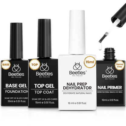 Beetles 4Pcs Gel Top Coat and Base Coat with Nail Dehydrator and Primer Set - Acid-Free & Hema-Free Nail Bond for Gel Polish & Acrylic Nails, Long-Lasting for Professional Manicure Prep Kit