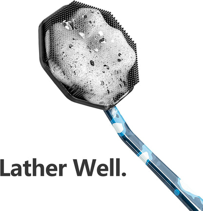 iTokGoK® Platinum Camo Blue Pattern Silicone Back Scrubber with Long Handle Back Brush for Shower,Silver-Infused Back Scrubber for Men and Women (Camo Blue)