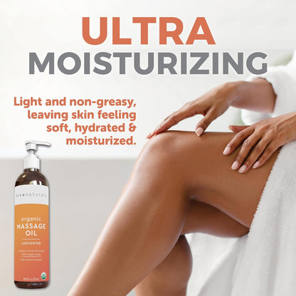 Viva Naturals Organic Massage Oil Unscented (8 fl. oz.) - Non-Greasy Body Oil with Mess-Free Pump, Moisturizing Massage Oils for Massage Therapy, Non-GMO and Certified Organic, 237 mL