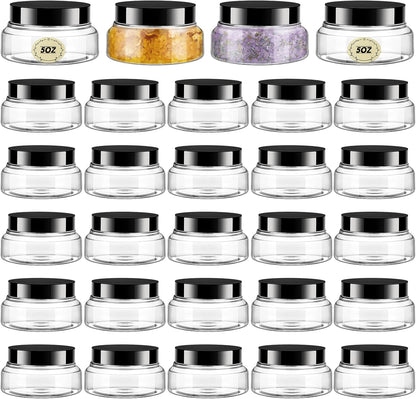 Tessco 24 Pack Plastic Jars with Lids Labels Empty Clear Plastic Jars Round Refillable Cosmetic Containers Body Butter Containers Bulk Sugar Scrub Bottle for Make Up(5 oz,Clear, Black)