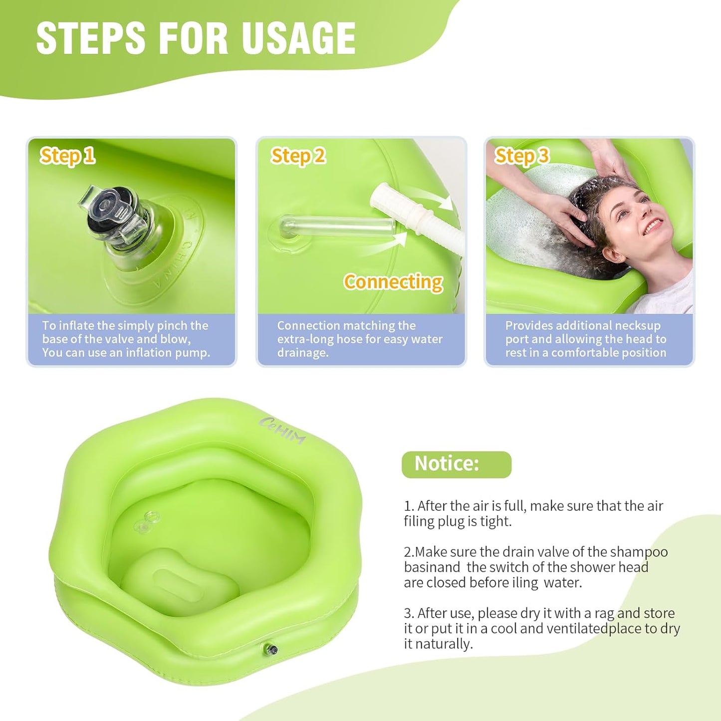 Inflatable Shampoo Basin for Bedridden, Elderly & Disabled - Petal-Shape Large Size, 360° Neck Support, Central Drain Hole with Pull Ring | Leak-Proof PVC Portable Hair Washing Bowl (Green)
