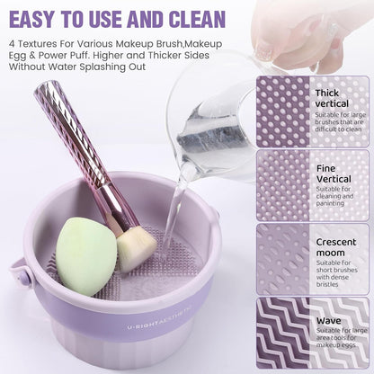 2 Pack Makeup Brush Cleaner Mat 3 in 1 Silicone Makeup Brush Cleaner Makeup Brush Cleaning Bowl Makeup Brush Sponge Scrubber Tool for Cleaning, Storage And Upside Down Drying(Two Khkai)