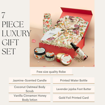 Spa Gift Set with Robe - 7 pc for New Mothers Postpartum Moms & Expecting- Luxurious Gift Set w Jasmine Candle Honey Lotion Coconut Oatmeal Body Scrub - All-Natural for Self-Care. Push present.