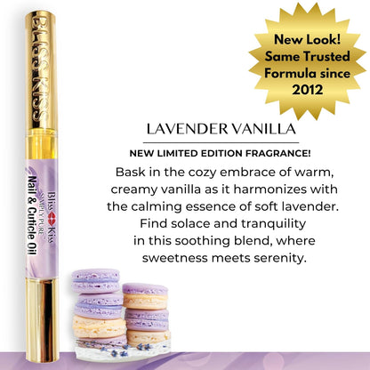 Bliss Kiss | 4 Lavender Vanilla | Oil Cuticle Pen w/Vitamin E & Jojoba⏤Nail Strengthener Nail Growth Serum for Brittle Peeling Breaking Thin Nails