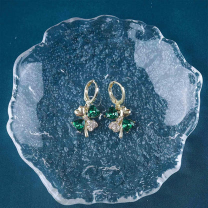 Boho Emerald Crystal Drop Earrings Green Rhinestone Flower Earrings Vintage Emerald Petal Earrings Green Cz Flower Earrings Jewelry for Women