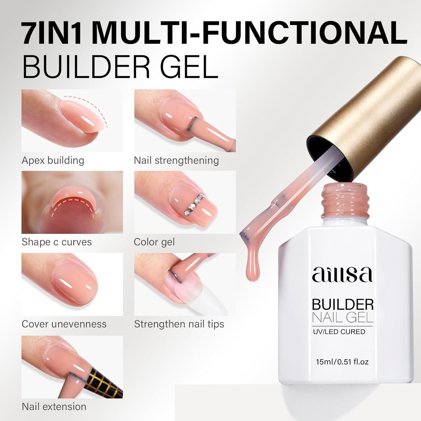 AILLSA Builder Gel Natural Nude 7 In 1 Hard Gel Polish for Nail Thickening Light Color Strengthener Gel Polish Sheer Nude Skin Tone Extension U V Gel for Nail Art Base Coat Needed 0.51 Oz GB93
