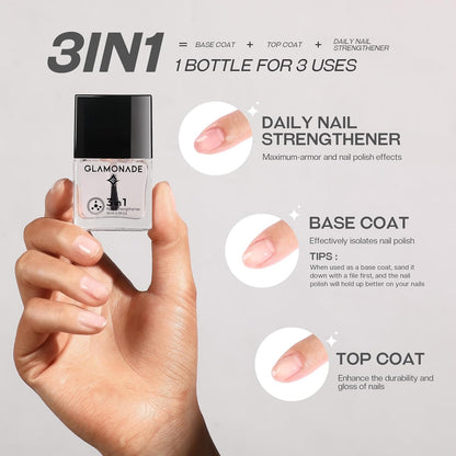Base Top Coat Nail Polish: 3 in 1 Clear Quick Dry Nail Polish Nail Strengthener and Growth Hardener for Nail Treatment Repair Damaged Nail Care 0.5 fl oz