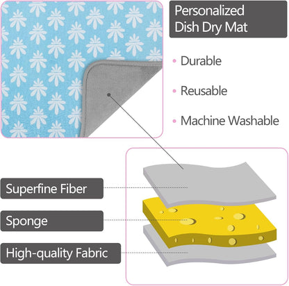 SHIYUE Dish Drying Mat for Kitchen Counter Super Absorbent Spring Kitchen Decor Microfiber Drying Matainers Rack Fast Pad Dish Drainer Mats(Light Blue Flower,18''x24'')