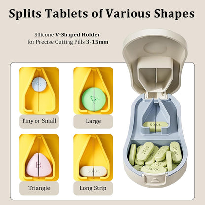 Pill Cutter Splitter for Small and Tiny Pills - Professional Pill Cutter for Small or Large Pills | Wrap-Around Blade Guard | Detachable Nonslip V-Shaped Pad | Easy Open | Back Storage, Cyan (White)