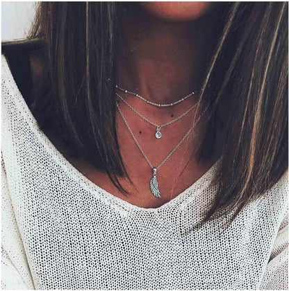 Bohemia Layered Crystal Choker Necklace Angel Wing Pendant Necklace Round Crystal Cz Necklace Chain Silver Guardian Angel Necklace Chain Jewelry for Women