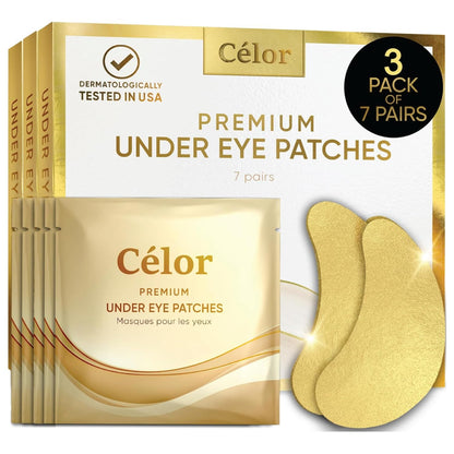 CÉLOR Under Eye Patches Premium - Golden Under Eye Mask Enriched with Hyaluronic Acid, Caffeine, Tea Tree & Collagen, Under Eye Patches for Puffy Eyes, Dark Circles and Puffiness (21 Pairs)
