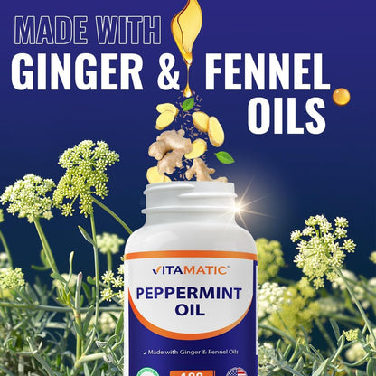 Vitamatic Peppermint Oil Gel with Ginger & Fennel Oils, 550mg per Serving, 180 Softgels