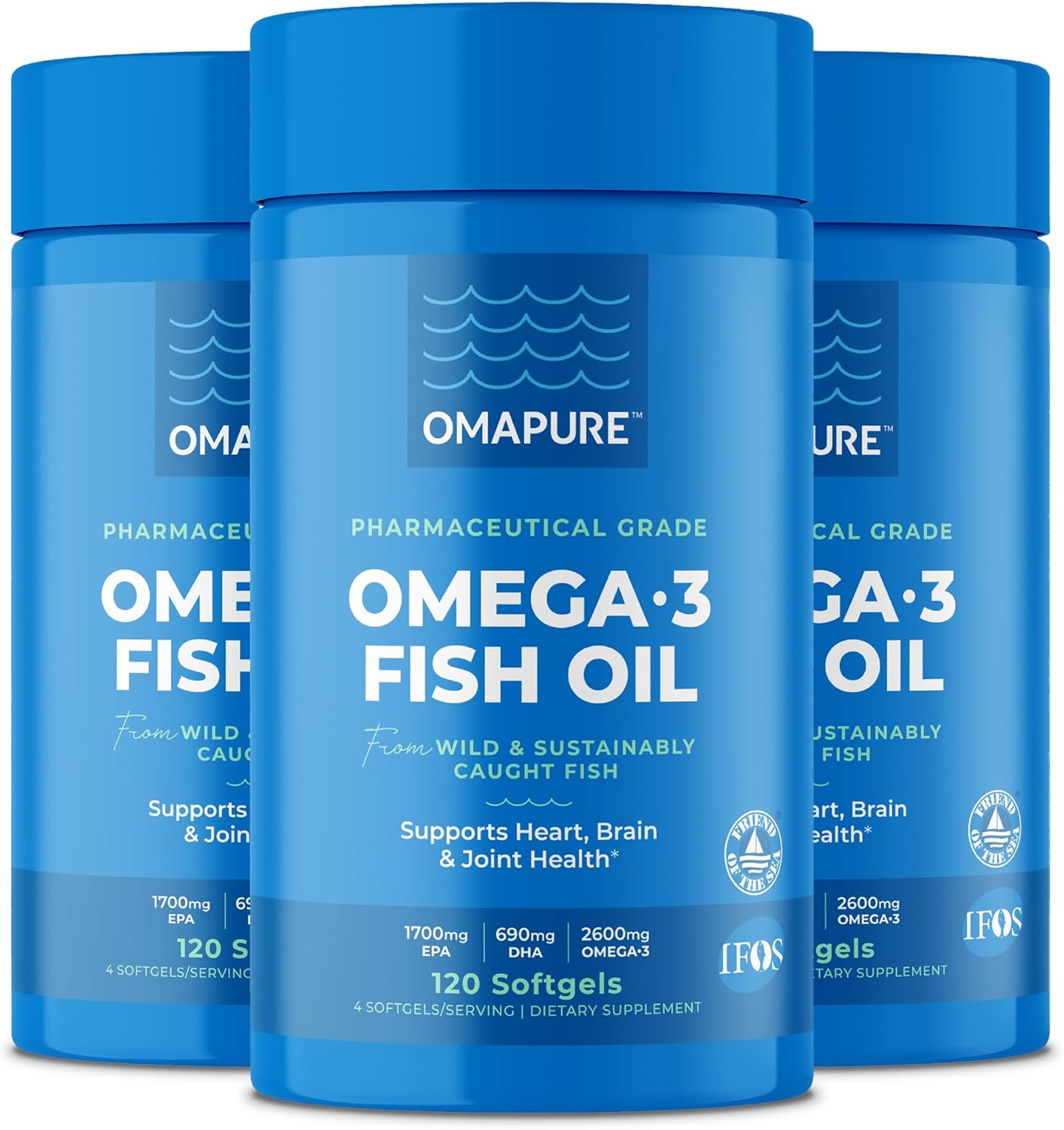 Fish Oil Supplements with Omega 3 Fatty Acids (3 Bottles, 120 Softgels) - High EPA, DHA, & IFOS Fish Oil Pills Support Heart & Joint Health - Burpless Fish Oil Promotes Brain Function