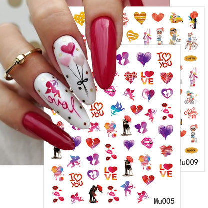 6 Sheets Valentine's Day Nail Art Stickers - Self-Adhesive 3D Heart Supplies, Sexy Lips, Romantic Red Love Letter Design Decals for Women Girl DIY Decoration